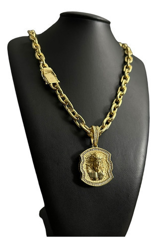 Cordão Cadeado 14mm + Ping Jesus Cristo Banhado A Ouro 18k