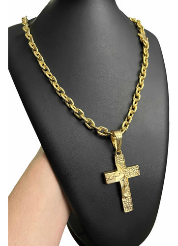 Cordão 10mm Cadeado + Pingente Cruz Banhado A Ouro 18k Luxo