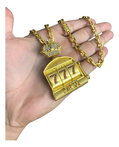 Cordão 6mm Cadeado + Pingente Cassino 777 Banhado A Ouro 18k