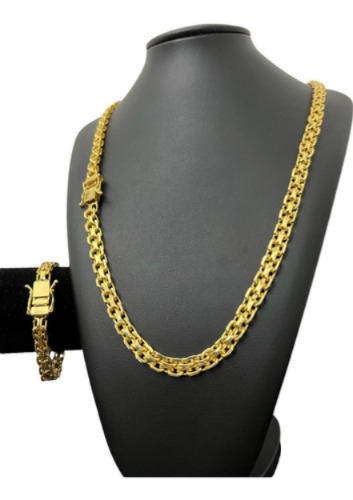 Cordão + Pulseira 10mm Cadeado Duplo Banhado A Ouro 18k