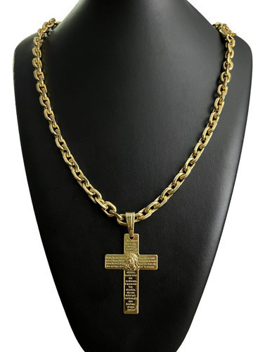 Cordão Cadeado 8mm + Ping Cruz Pai Nosso Banhado A Ouro 18k
