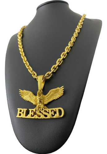 Cordão Cadeado 8mm + Pingente Águia Blessed Banhado A Ouro