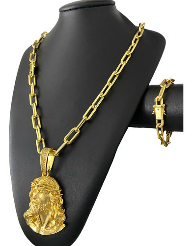 Cordão 10mm Cadeado + Ping Rosto Cristo Banhado Ouro 18k