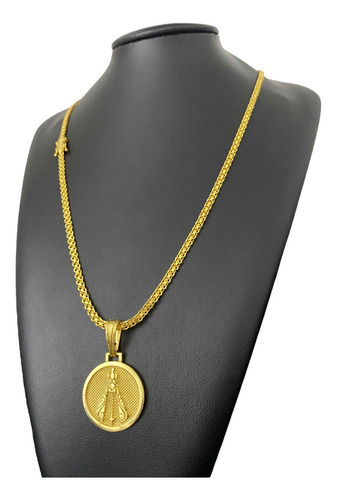 Cordão Cadeado Duplo 3mm + Nossa Sra Redondo Banhado A Ouro