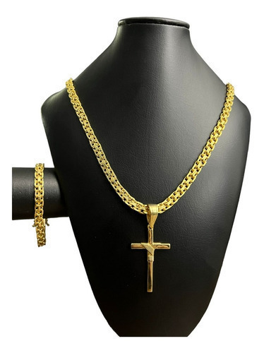 Cordão 5mm Cadeado Duplo + Pulseira + Ping Banhado A Ouro