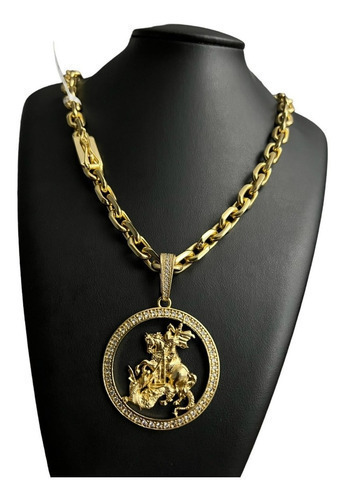 Cordão Cadeado 12mm + Pingente São Jorge Banhado A Ouro 18k
