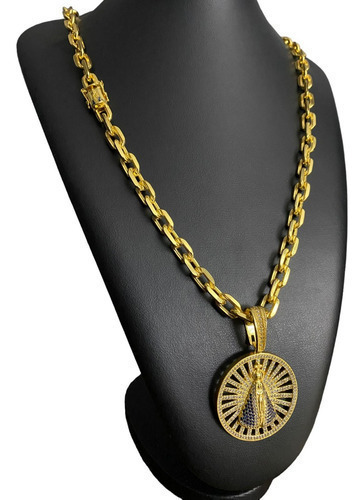 Cordão 10mm Cadeado Fecho Santa + Ping Santa Banhado A Ouro