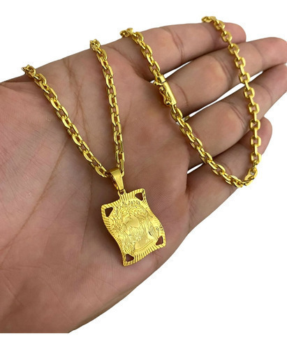 Cordão Cadeado 4mm Pingente Jesus Old School Banhado A Ouro