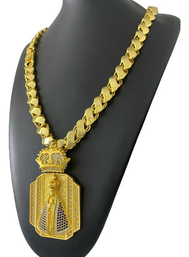 Cordão 13mm Friso S + Pingente Santa N Sra Banhado Ouro 18k