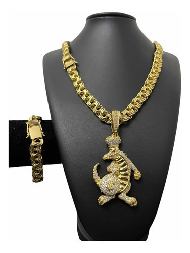 Cordão Friso Triplo + Pulseira + Pingente Banhado A Ouro 18k