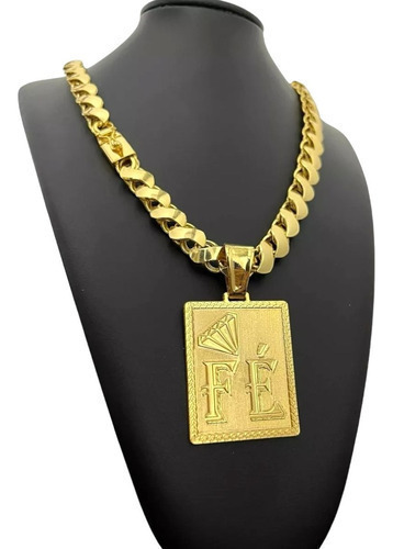 Cordão + Pingente 12mm Friso Dupla Face Banhado A Ouro 18k