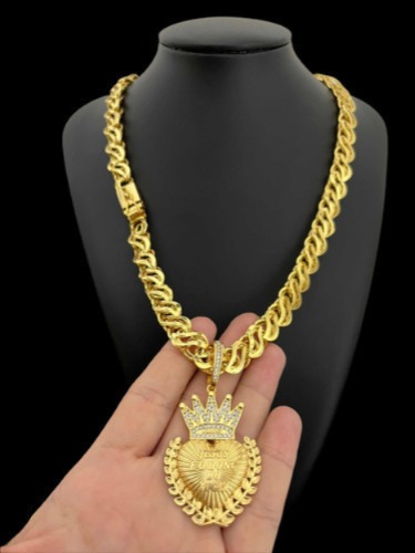 Cordão 12mm Friso S Vazado Banhado A Ouro + Pingente Luxo