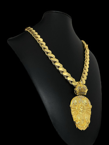 Cordão Friso S 13mm + Pin Jesus Leão Oval Banhado A Ouro 18k