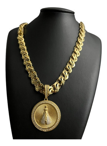 Cordão 13mm + Ping Nossa Senhora Friso S Vazado Banhado Ouro