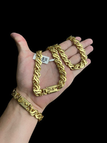 Cordão + Pulseira Friso S Vazado 13mm Banhado A Ouro 18k