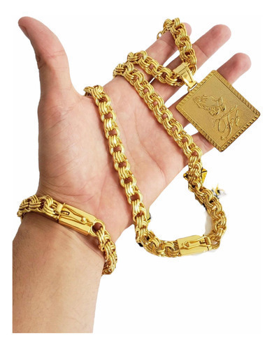 Cordão Pulseira E Pingente Fé Friso 12mm Banhado A Ouro 18k