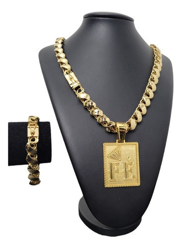 Cordão Friso Pulseira E Pingente Fé 12mm Banhado A Ouro 18k