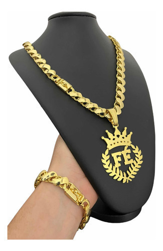 Cordão + Pingente 12mm Friso S + Pulseira Banhado A Ouro 18k