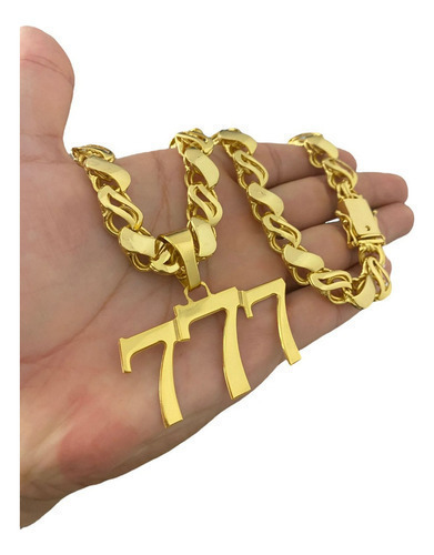 Cordão 13mm Friso S Miami + Pingente 777 Banhado A Ouro 18k