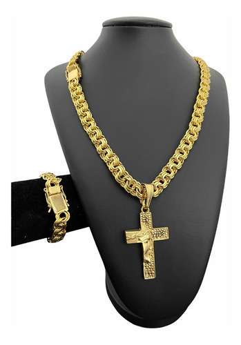 Cordão Pulseira + Pingente 12mm Friso Banhado A Ouro Luxo