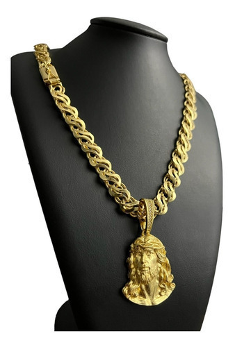 Cordão 13mm + Ping Jesus Friso S Vazado Banhado A Ouro 18k