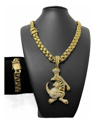 Cordão 12mm Friso Triplo + Pulseira + Pingente Banhado 18k