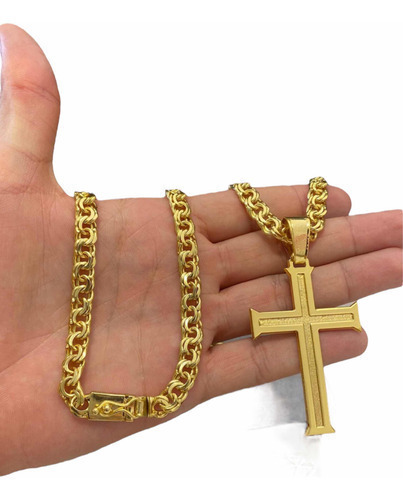 Cordão 8mm Friso Duplo Pingente Cruz Banhado A Ouro 18 Luxo