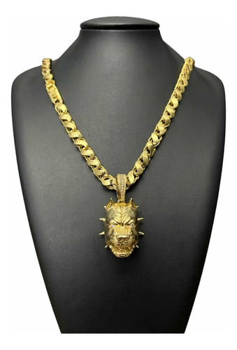 Cordão 8mm Friso S + Pingente Pitbull Banhado Ouro 18k Luxo