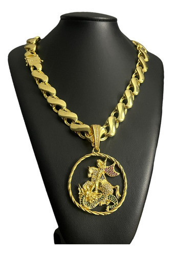 Cordão Friso S 16mm + Ping São Jorge Banhado A Ouro 18k Luxo