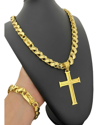 Cordão Pulseira + Ping 12mm Friso Dupla Face + Banhado Ouro