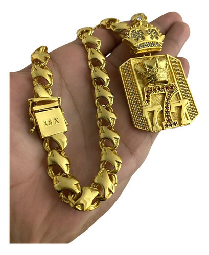 Cordão Friso X 13mm Pingente 777 Cravejado Banhado Ouro 18k