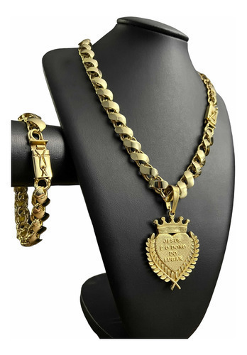 Cordão Friso S 13mm Fecho 750 + Pulseira Ping Banhado Ouro