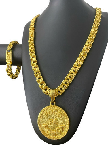 Kit Cordão Pulseira Pingente 12mm Friso Triplo Banhado Ouro