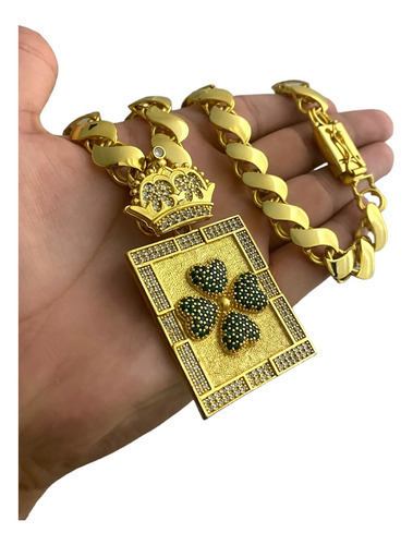 Cordão 13mm Friso S + Pingente Trevo Banhado Ouro 18k