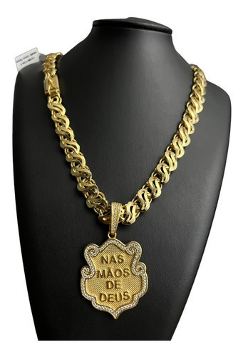 Cordão 13mm + Pingente Deus Friso S Vazado Banhado Ouro 18k