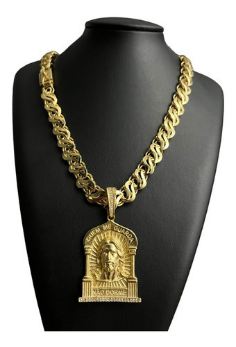 Cordão 13mm + Pingente Jesus 3d Friso S Vazado Banhado Ouro