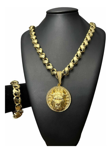 Cordão + Pulseira 12mm Friso S + Pingente Banhado A Ouro 18k