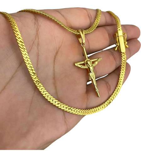 Cordão Grumet Laminado 4mm + Crucifixo Banhado A Ouro 18k