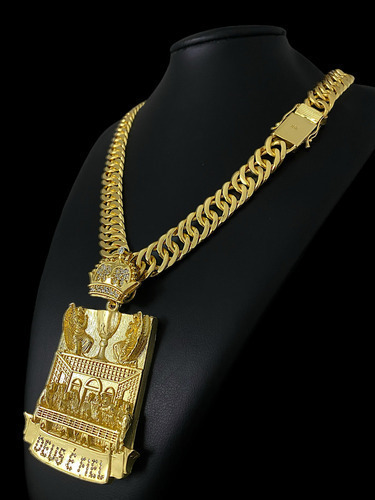 Cordão Grumet 15mm + Ping Santa Ceia Deus Banhado Ouro 18k