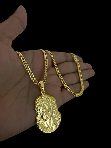Cordão Grumet 3mm + Ping Rosto De Cristo Banhado A Ouro 18k