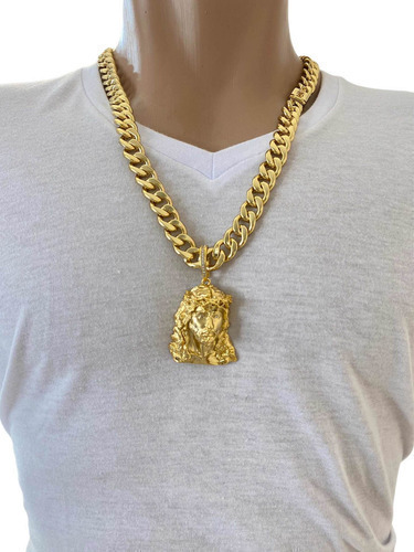 Cordão Grumet 13mm Pitbull+ Pingente São Jorge Banhado Ouro