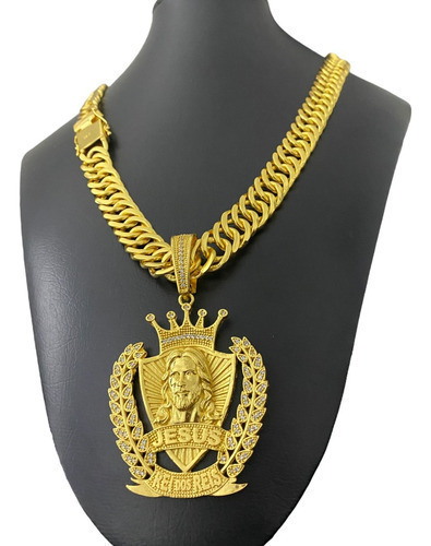 Cordão 15mm Grumet Pingente Jesus Rei Dos Reis Banhado Ouro