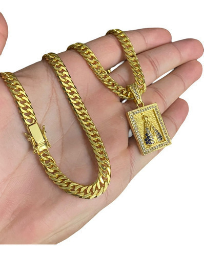 Cordão 7mm Grumet + Ping Nossa Sra Quadrado Banhado Ouro 18k