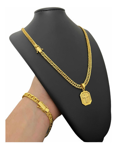 Cordão 7mm Grumet Com Pulseira E Pingente Banhado A Ouro 18k