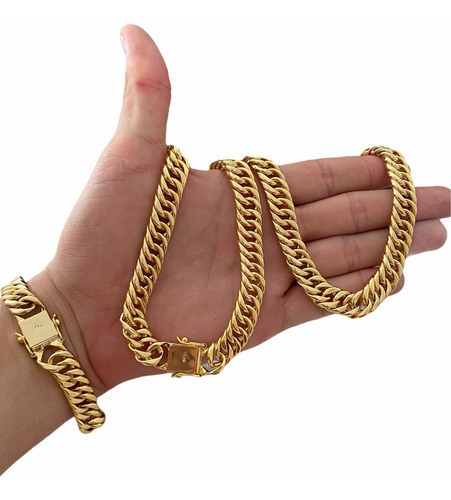 Cordão + Pulseira Oco 13mm Grumet Banhado Ouro Gravação 750