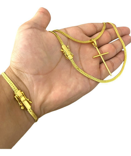 Cordão E Pulseira Grumet Laminado 4mm + Cruz Palito Banhado