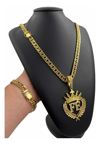 Cordão Grumet 10mm + Pulseira +pingente Fé Banhado Ouro 18k