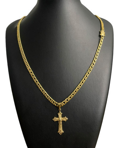 Cordão Grumet 5mm + Pingente Cruz 3d Banhado A Ouro 18k