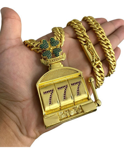 Cordão 13mm Grumet Banhado A Ouro 18k + Pingente Cassino 777