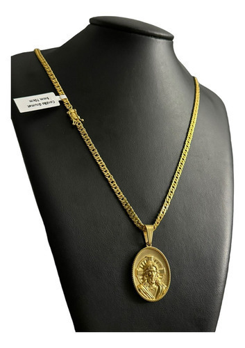 Cordão Grumet 5mm Pingente Oval Jesus Cristo Banhado A Ouro